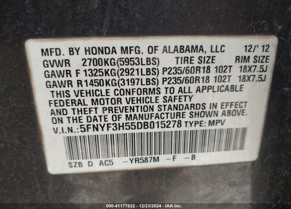 2013 HONDA PILOT EX-L VIN: 5FNYF3H55DB015278