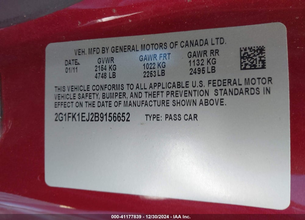 2011 CHEVROLET CAMARO 2SS VIN: 2G1FK1EJ2B9156652