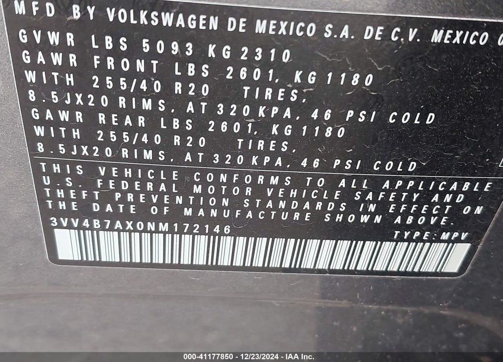 2022 VOLKSWAGEN TIGUAN 2.0T SEL R-LINE VIN: 3VV4B7AX0NM172146
