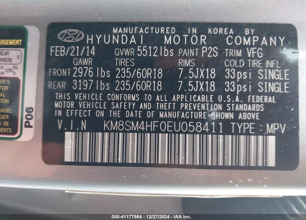 2014 HYUNDAI SANTA FE GLS VIN: KM8SM4HF0EU058411
