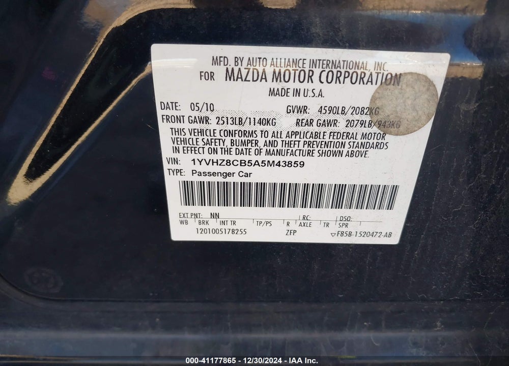 2010 MAZDA MAZDA6 VIN: 1YVHZ8CB5A5M43859