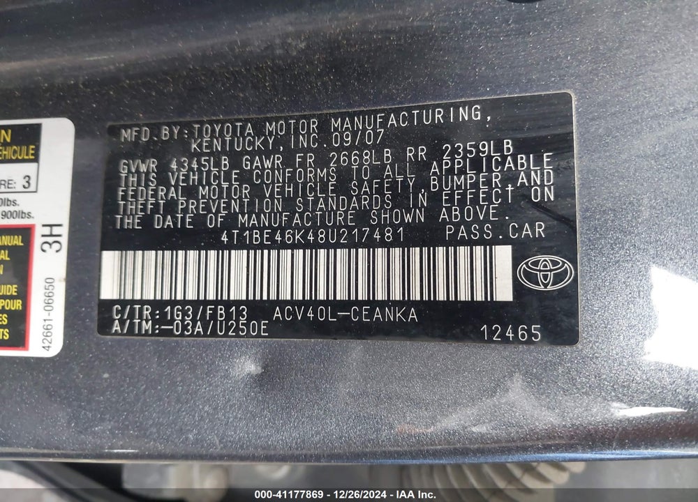 2008 TOYOTA CAMRY LE VIN: 4T1BE46K48U217481