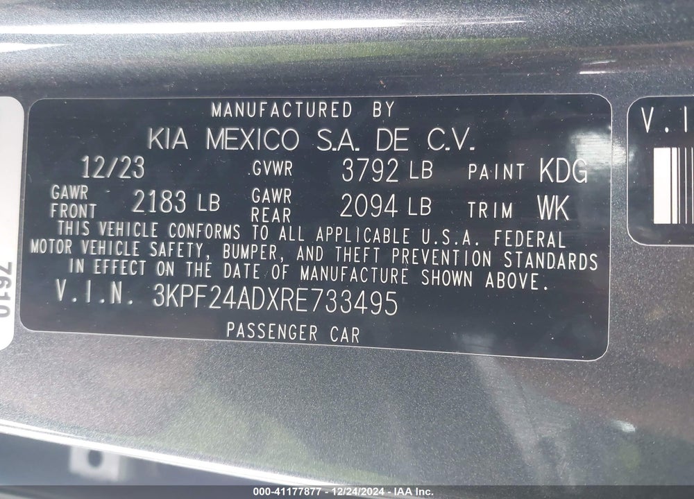 2024 KIA FORTE VIN: 3KPF24ADXRE733495