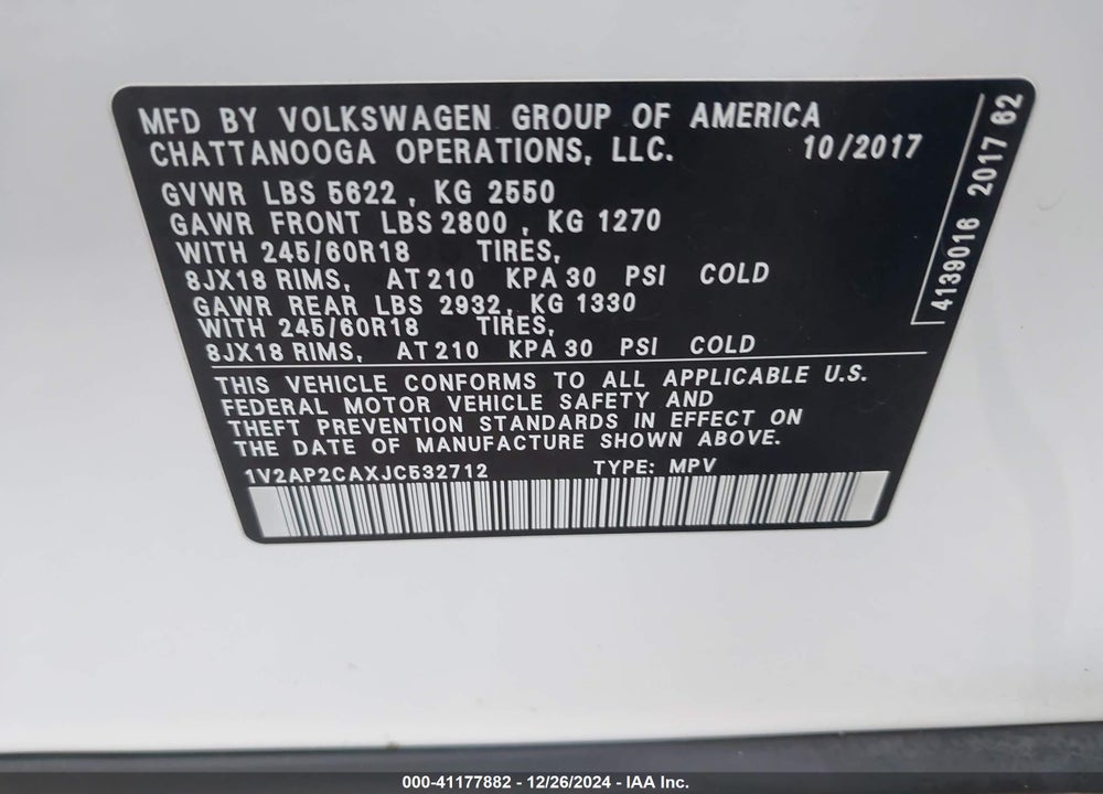 2018 VOLKSWAGEN ATLAS 2.0T S VIN: 1V2AP2CAXJC532712