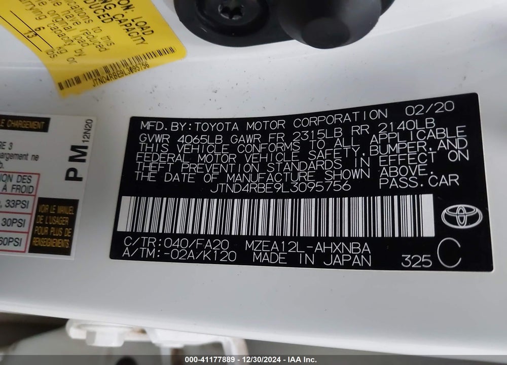 2020 TOYOTA COROLLA VIN: JTND4RBE9L3095756
