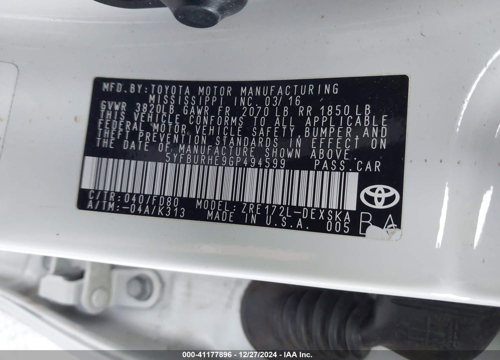 2016 TOYOTA COROLLA VIN: 5YFBURHE9GP494599