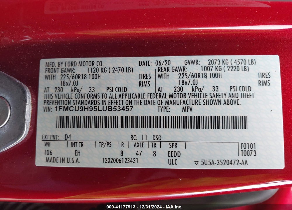 2020 FORD ESCAPE SEL VIN: 1FMCU9H95LUB53457