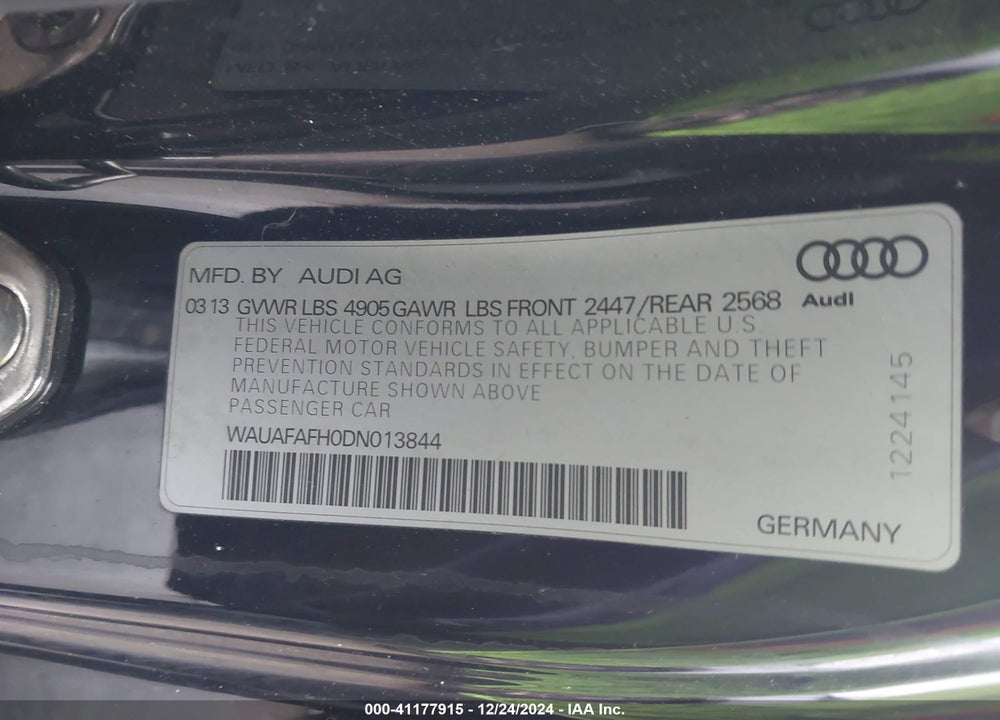 2013 AUDI A5 2.0T PREMIUM VIN: WAUAFAFH0DN013844