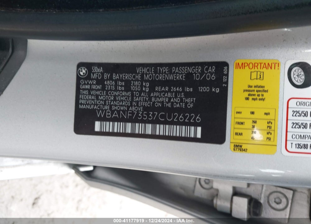 2007 BMW 530XI VIN: WBANF73537CU26226