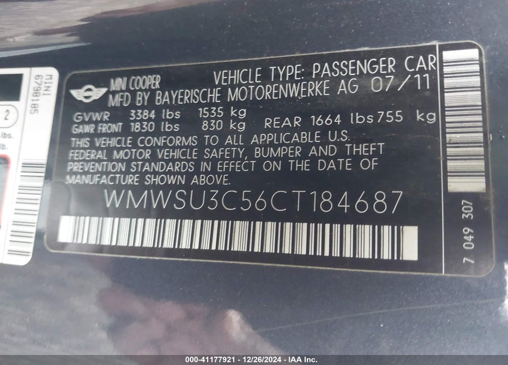 2012 MINI COOPER VIN: WMWSU3C56CT184687