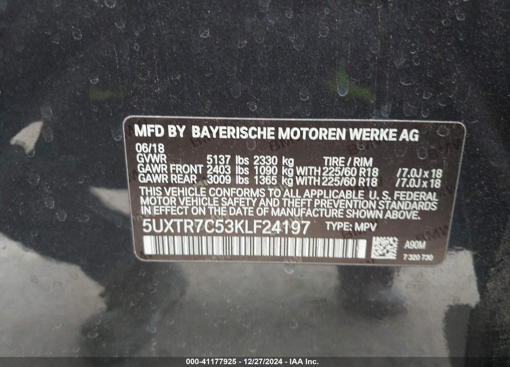 2019 BMW X3 SDRIVE30I VIN: 5UXTR7C53KLF24197