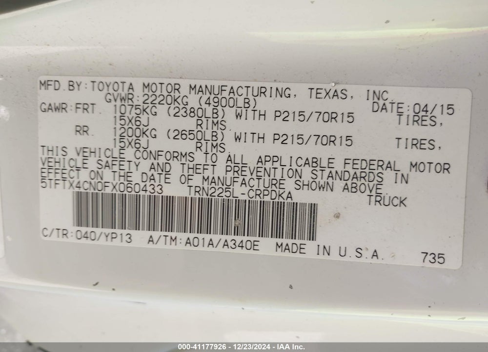 2015 TOYOTA TACOMA VIN: 5TFTX4CN0FX060433