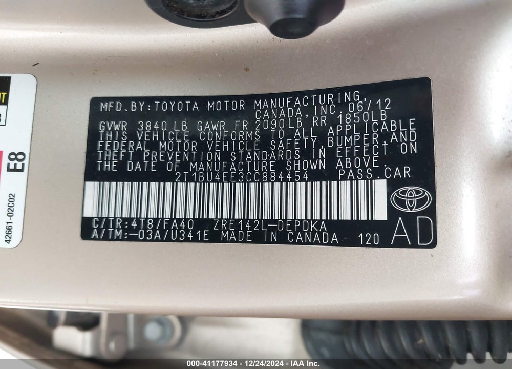 2012 TOYOTA COROLLA L VIN: 2T1BU4EE3CC884454