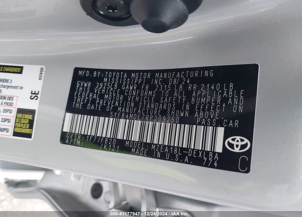 2024 TOYOTA COROLLA VIN: 5YFB4MDE7RP209250