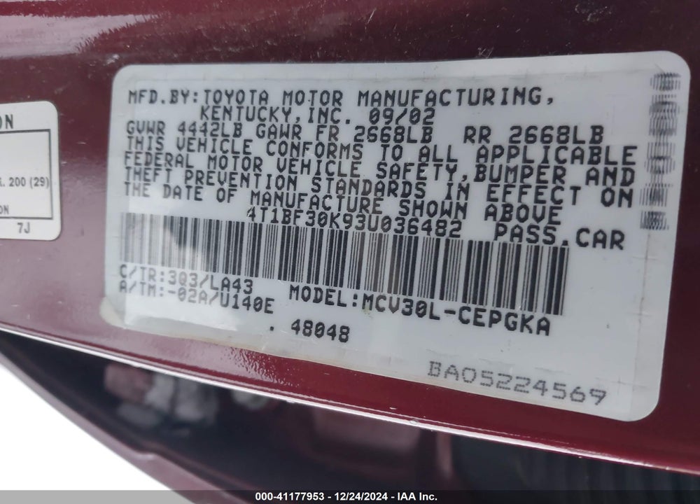 2003 TOYOTA CAMRY XLE V6 VIN: 4T1BF30K93U036482