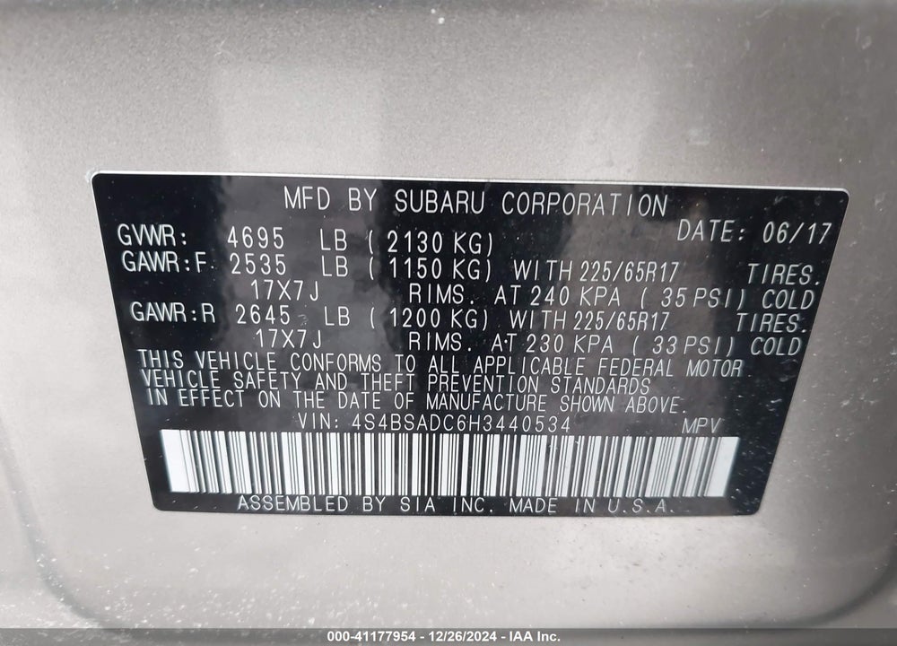 2017 SUBARU OUTBACK 2.5I PREMIUM VIN: 4S4BSADC6H3440534