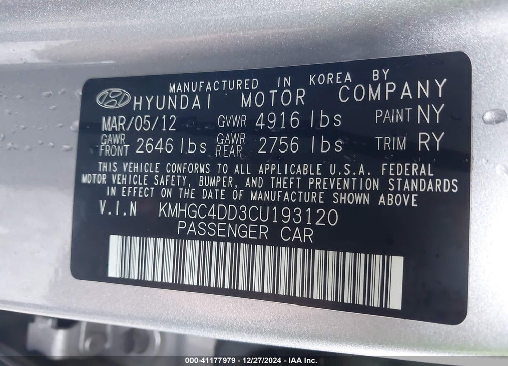 2012 HYUNDAI GENESIS 3.8 VIN: KMHGC4DD3CU193120