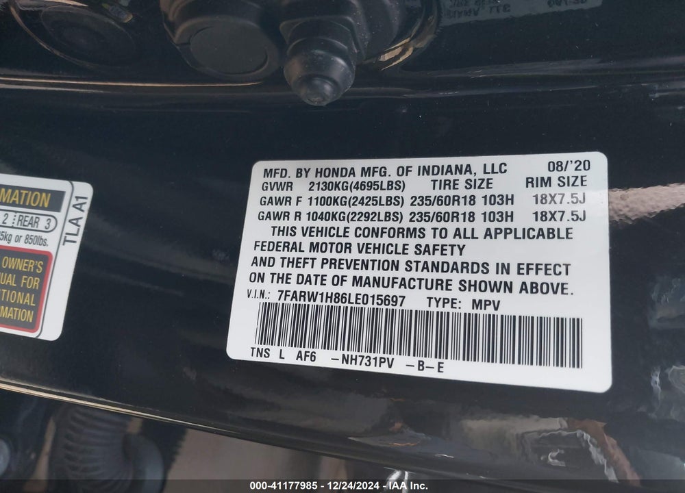 2020 HONDA CR-V VIN: 7FARW1H86LE015697
