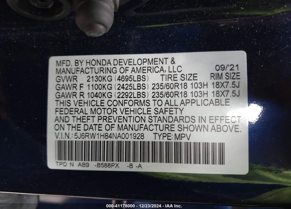 2022 HONDA CR-V VIN: 5J6RW1H84NA001928