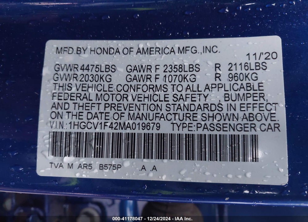 2021 HONDA ACCORD VIN: 1HGCV1F42MA019679