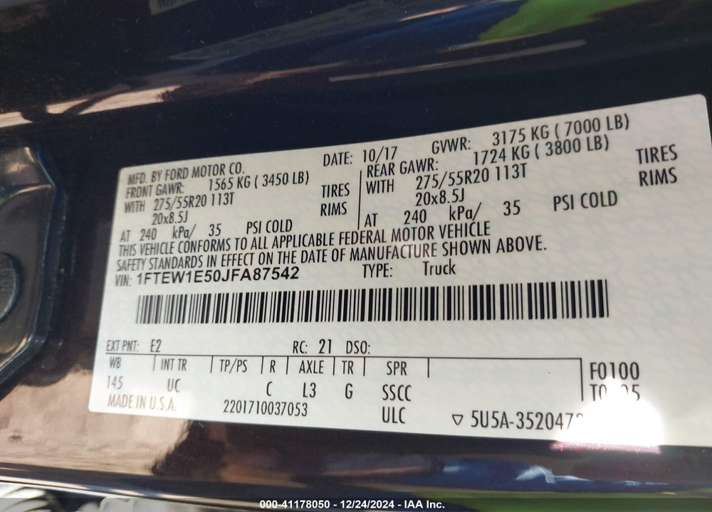 2018 FORD F-150 VIN: 1FTEW1E50JFA87542