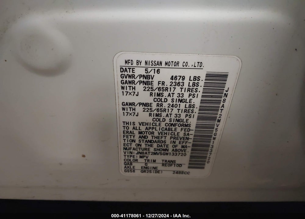 2016 NISSAN ROGUE SV VIN: JN8AT2MV5GW133720