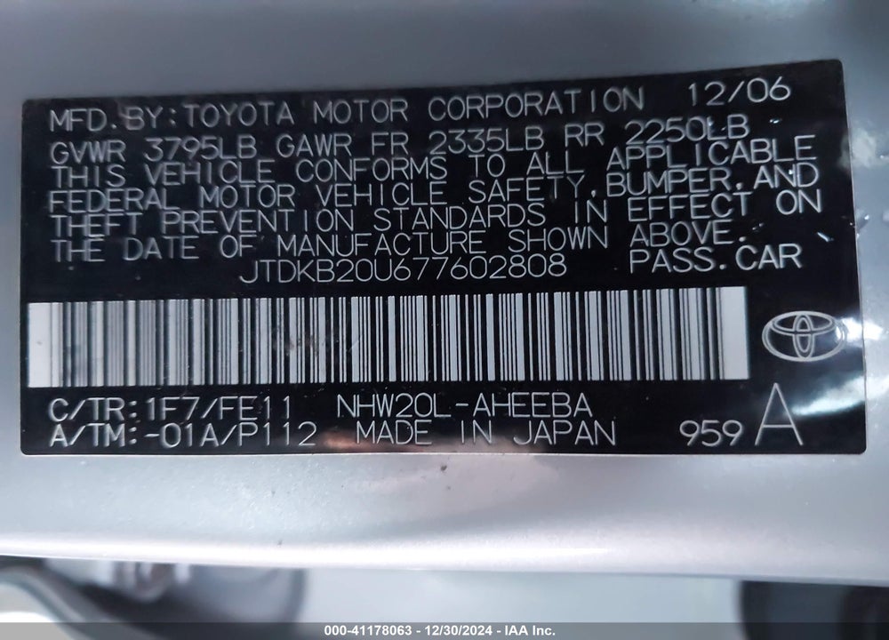 2007 TOYOTA PRIUS VIN: JTDKB20U677602808