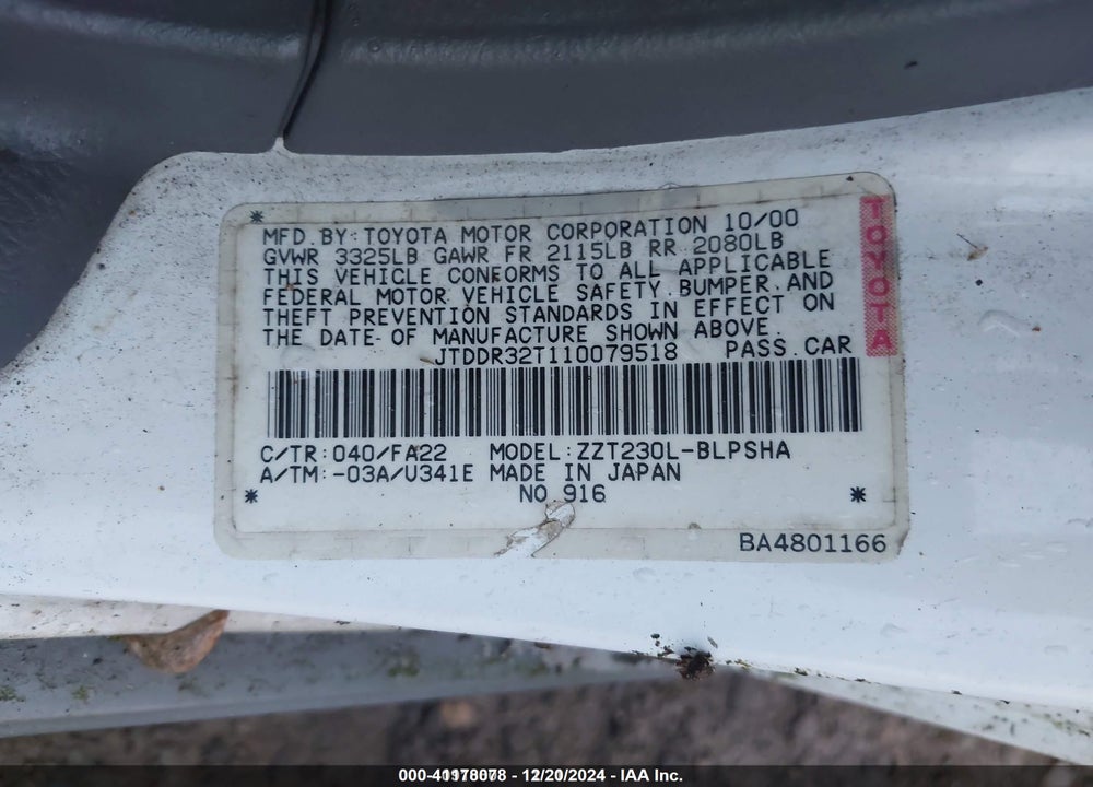 2001 TOYOTA CELICA GT VIN: JTDDR32T110079518