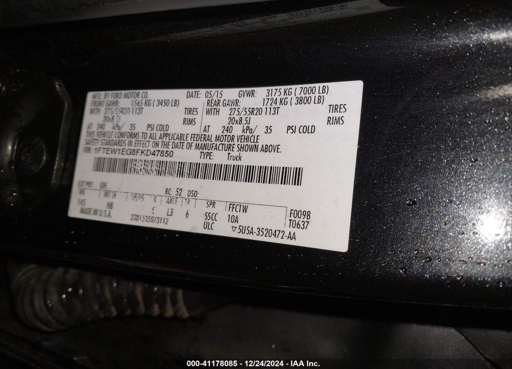 2015 FORD F150 VIN: 1FTEW1EG8FKD47850