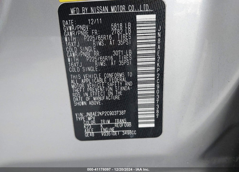 2012 NISSAN QUEST SV VIN: JN8AE2KP2C9037387