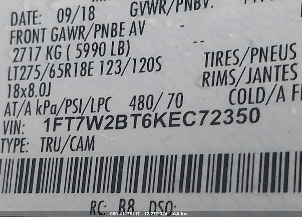 2019 FORD F-250 VIN: 1FT7W2BT6KEC72350
