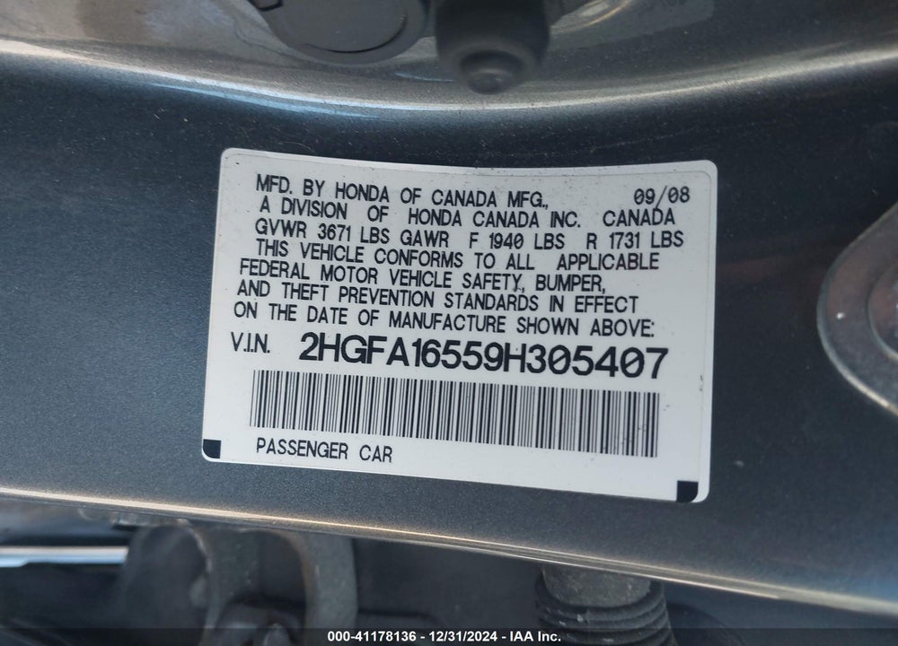 2009 HONDA CIVIC LX VIN: 2HGFA16559H305407