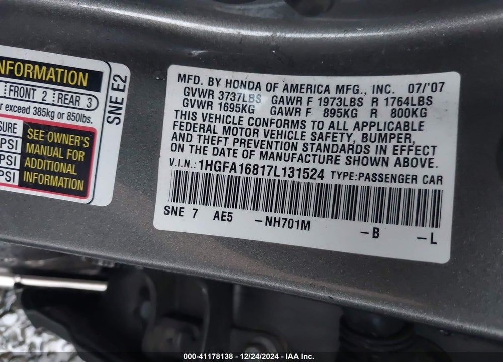 2007 HONDA CIVIC VIN: 1HGFA16817L131524