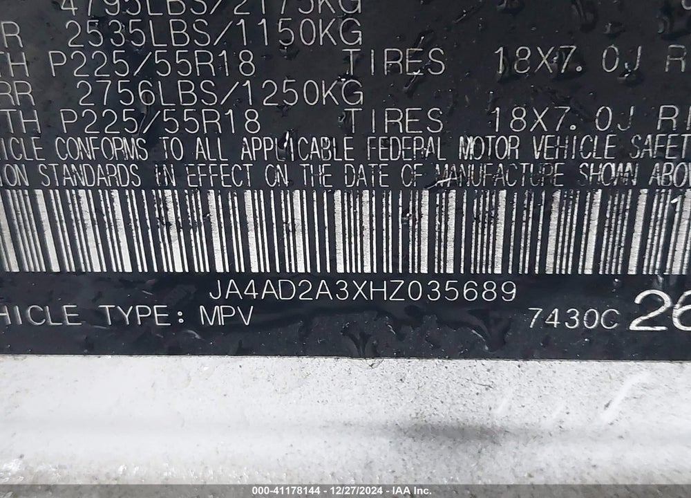 2017 MITSUBISHI OUTLANDER ES VIN: JA4AD2A3XHZ035689