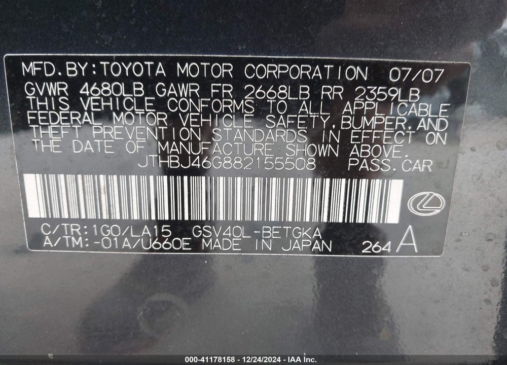 2008 LEXUS ES 350 VIN: JTHBJ46G882155508