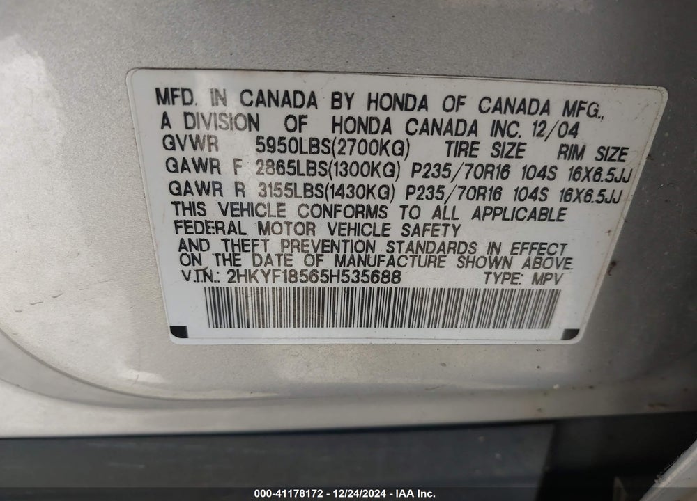 2005 HONDA PILOT EX-L VIN: 2HKYF18565H535688