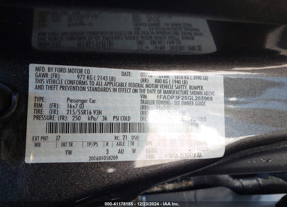 2016 FORD FOCUS SE VIN: 1FADP3F25GL265969