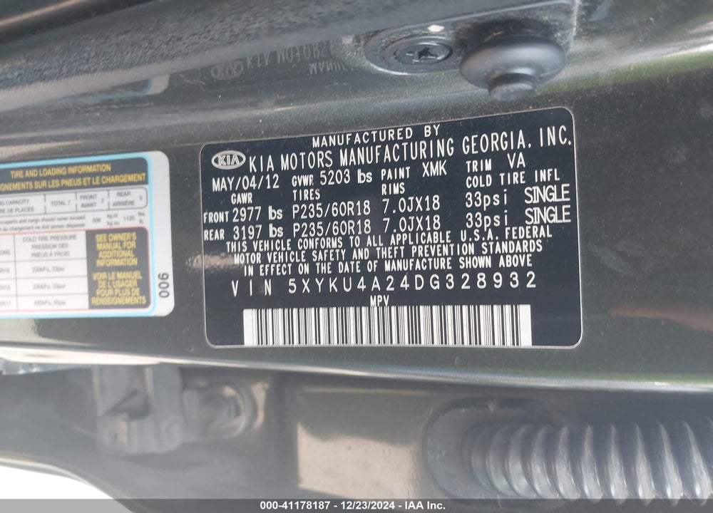 2013 KIA SORENTO EX V6 VIN: 5XYKU4A24DG328932