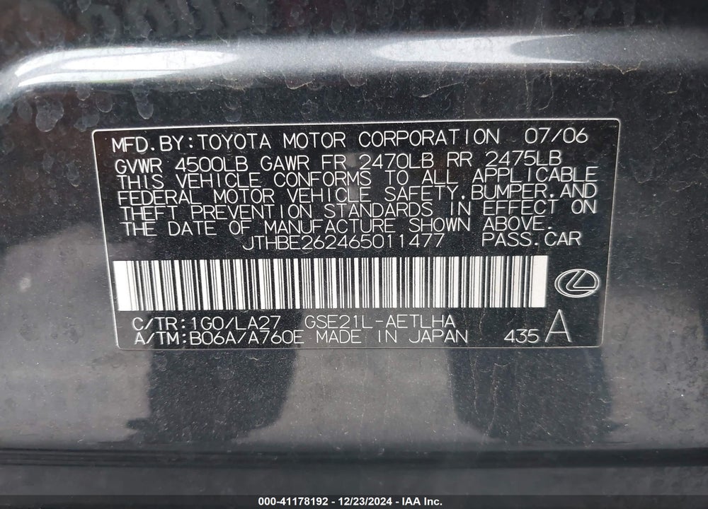 2006 LEXUS IS 350 VIN: JTHBE262465011477