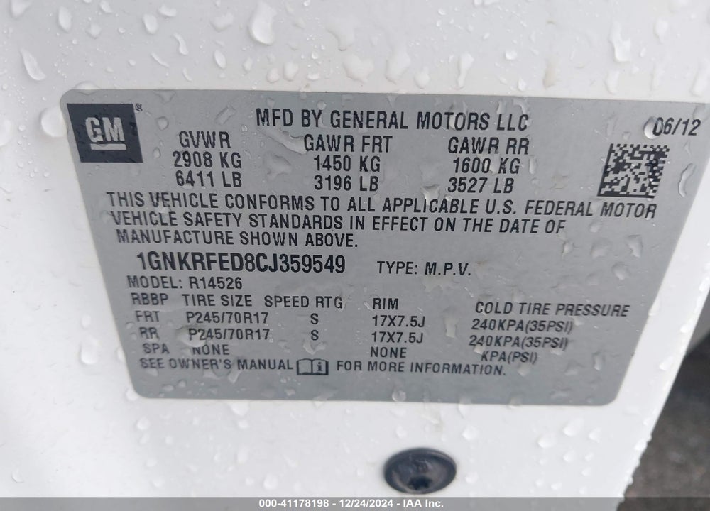 2012 CHEVROLET TRAVERSE LS VIN: 1GNKRFED8CJ359549