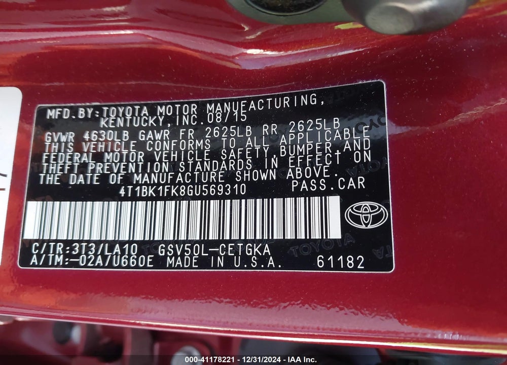 2016 TOYOTA CAMRY XLE V6 VIN: 4T1BK1FK8GU569310