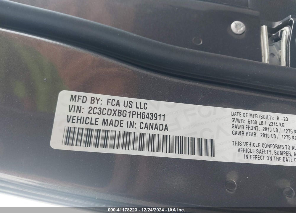 2023 DODGE CHARGER VIN: 2C3CDXBG1PH643911
