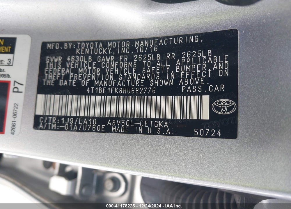 2017 TOYOTA CAMRY XLE VIN: 4T1BF1FK8HU682776