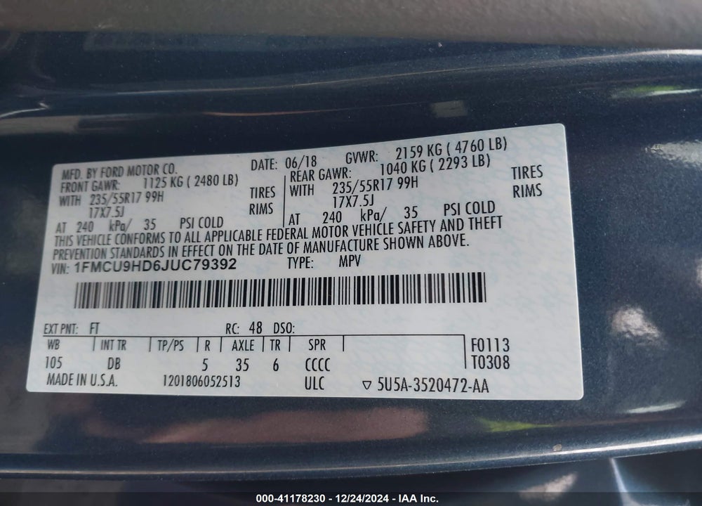 2018 FORD ESCAPE VIN: 1FMCU9HD6JUC79392