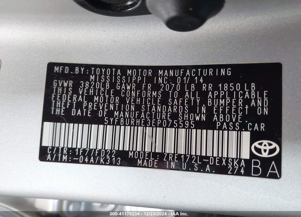 2014 TOYOTA COROLLA L/LE/LE PLS/PRM/S/S PLS VIN: 5YFBURHE3EP075595