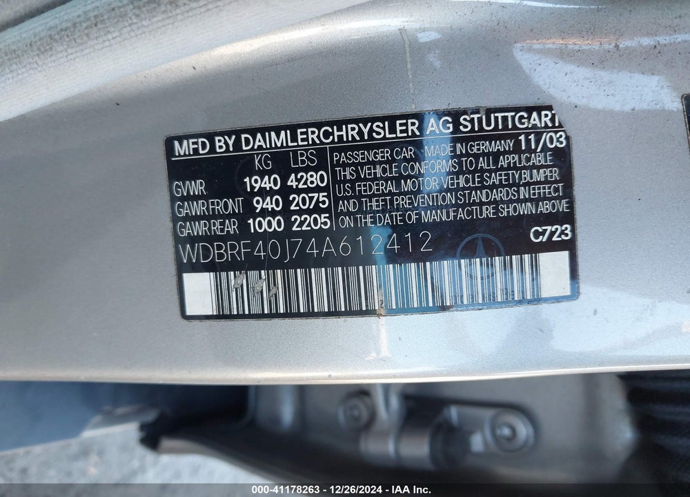 2004 MERCEDES-BENZ C 230 KOMPRESSOR SPORT/SPORT VIN: WDBRF40J74A612412