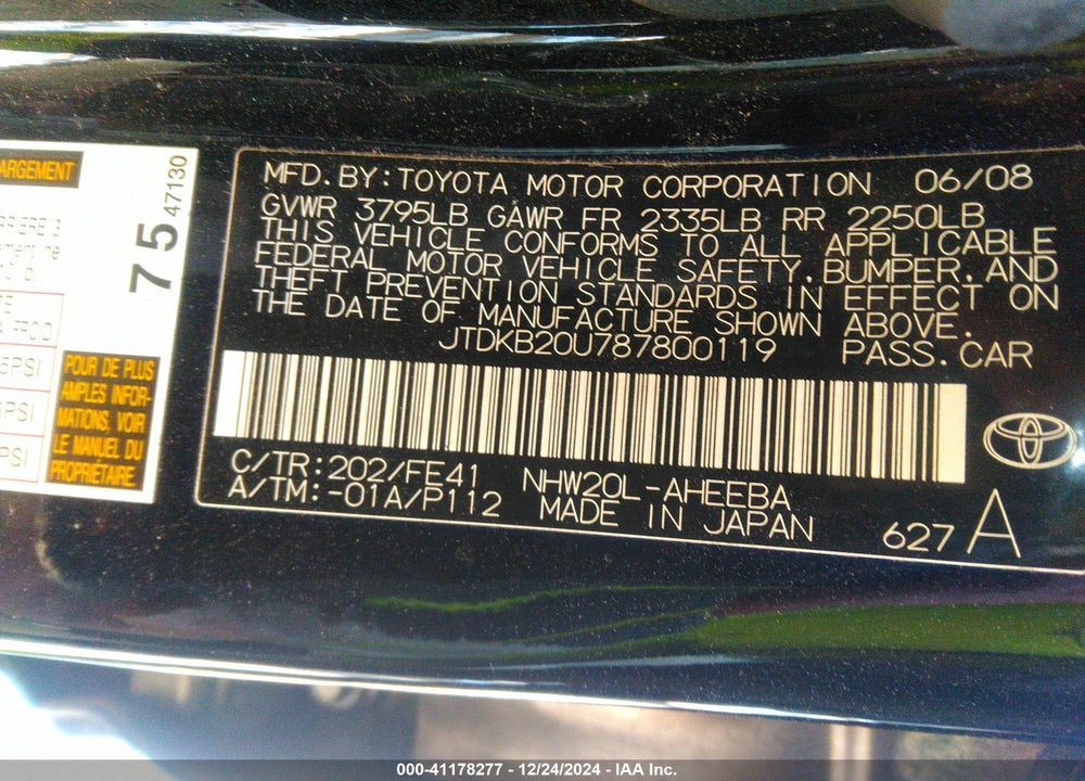 2008 TOYOTA PRIUS VIN: JTDKB20U787800119