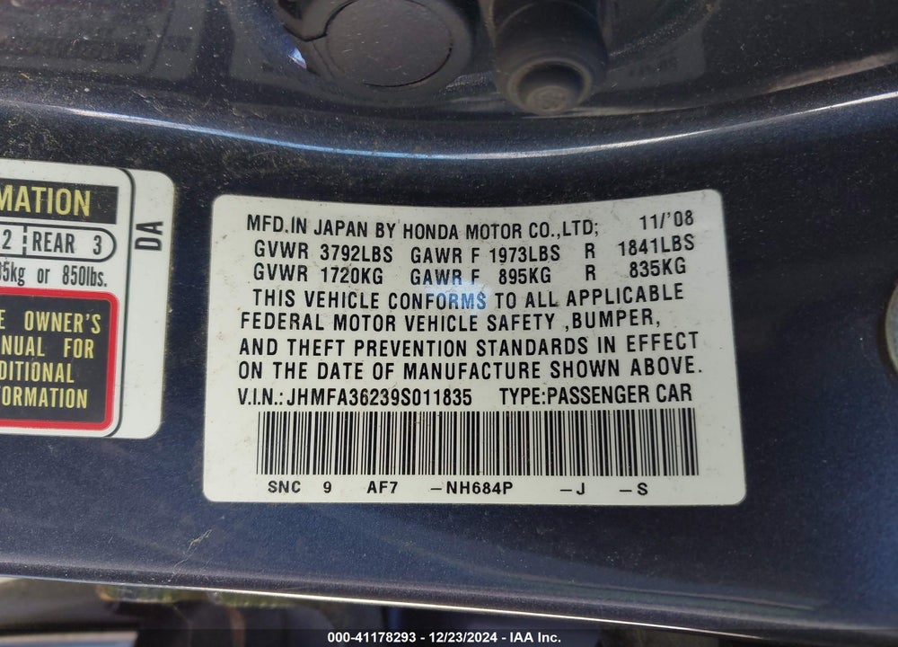 2009 HONDA CIVIC HYBRID VIN: JHMFA36239S011835