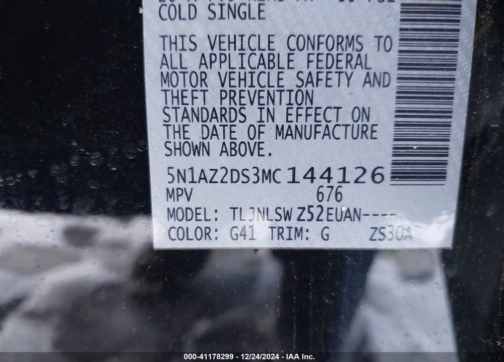 2021 NISSAN MURANO VIN: 5N1AZ2DS3MC144126