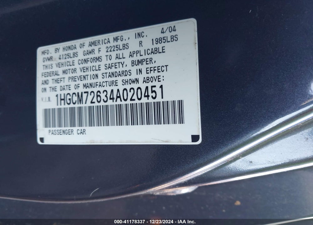 2004 HONDA ACCORD 2.4 EX VIN: 1HGCM72634A020451